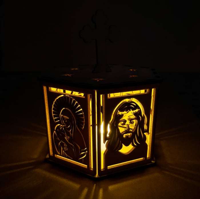 lampă religioasă din lemn, model hexagon cu cruce și stele – 18 cm [4]