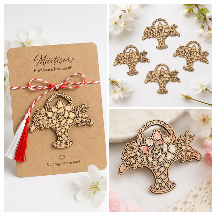 Set de mărțișoare din lemn cu coșuleț floral gravat [2]