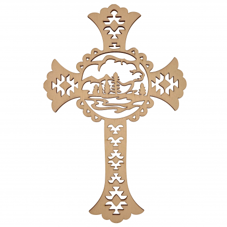 Craciun - cruce lemn decorativa cu peisaj decupat, ornament creștin pentru perete