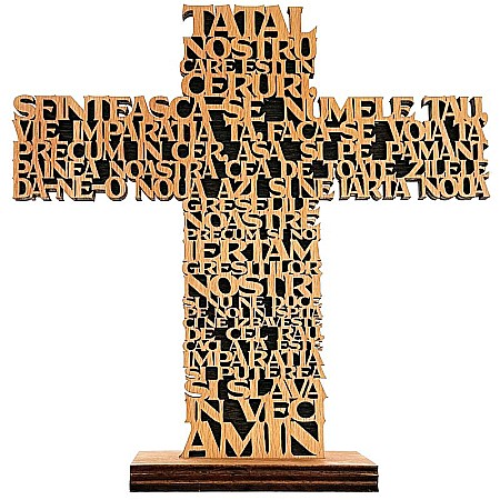 Articole Religioase - cruce lemn tatal nostru cu stativ, text decupat elegant, decor crestin