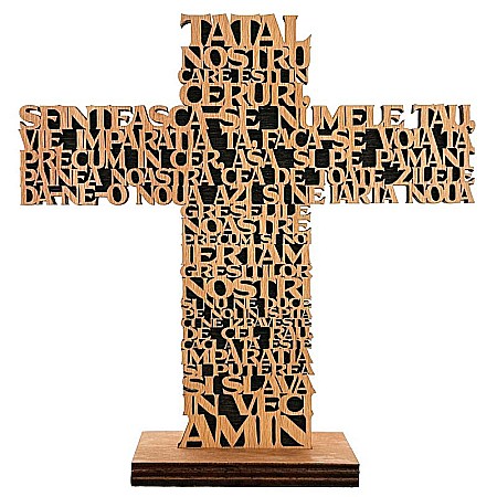 cruce lemn tatal nostru cu stativ, text decupat elegant, decor crestin [5]