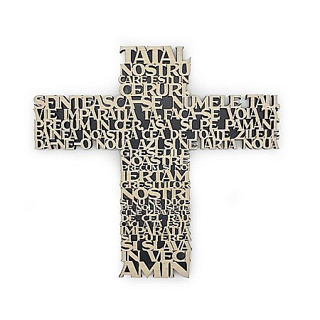 Articole Religioase - cruce Tatal Nostru din lemn decupat, text rugăciune pentru decor de perete