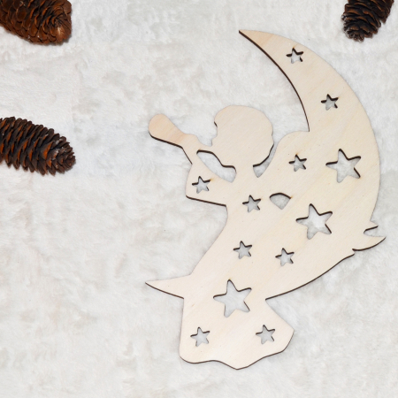 Ingeras lemn decupat pe luna cu stele, decor Crăciun DIY 20x20 cm [1]