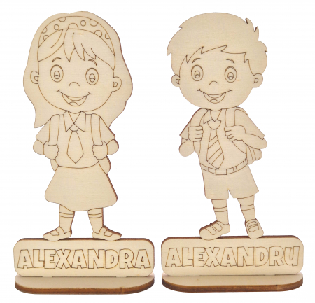 Scoala si gradinita - Figurina ghiozdan personalizata cu nume din lemn, baiat sau fata, 13 cm