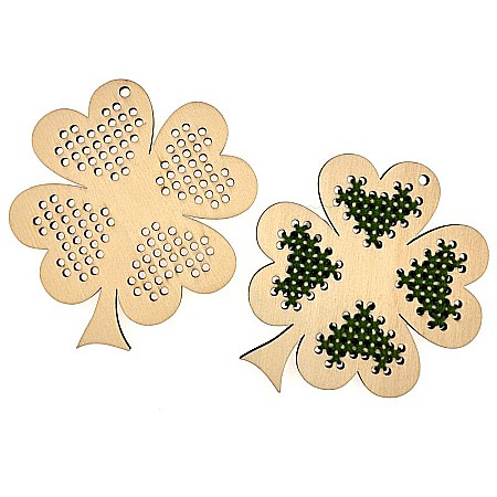 Figurina din lemn, model trifoi norocos cu gauri pentru cusut, 10 cm [2]