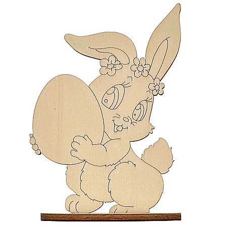 Forme pentru pictat - Figurina iepuras fetita cu ou, cu stativ, din lemn, 12 cm inaltime