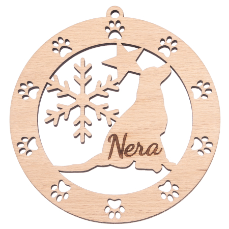 Produse personalizate - Glob câine personalizat din lemn gravat cu detalii festive pentru Crăciun