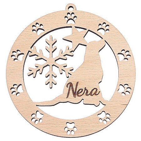 Produse personalizate - Glob câine personalizat din lemn gravat cu detalii festive pentru Crăciun