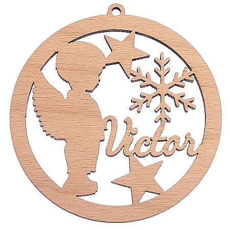 Produse personalizate - Glob îngeraș din lemn personalizat cu nume și decor stele pentru brad