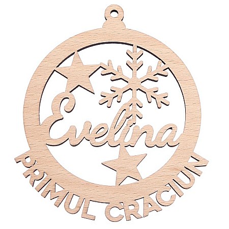 Produse personalizate - Glob personalizat din lemn cu fulg de nea și nume pentru primul Crăciun