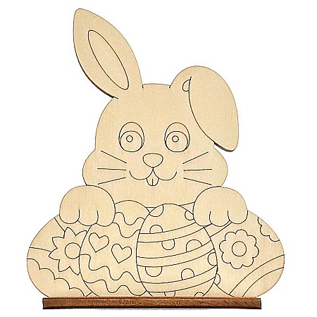 Forme pentru pictat - Iepuras cu oua gravate, figurina din lemn pentru pictat, cu stativ, 11 cm inaltime