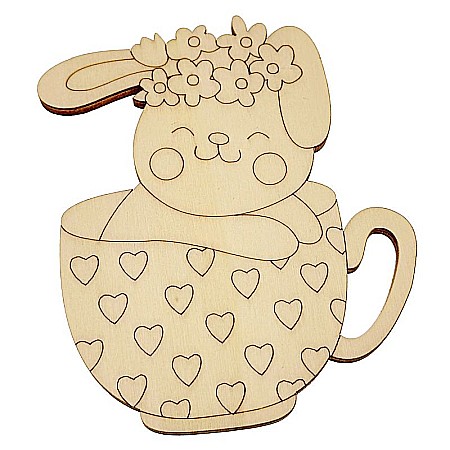 Forme pentru pictat - Iepuras in ceasca de cafea, figurina din lemn pentru pictat, 12 cm