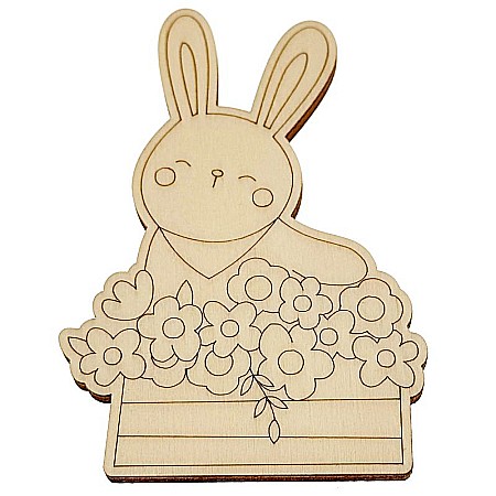 Forme pentru pictat - Iepuras in cosulet cu floricele, figurina din lemn pentru pictat, 12 cm