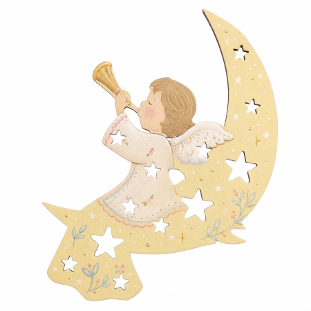 Ingeras lemn decupat pe luna cu stele, decor Crăciun DIY 20x20 cm [1]