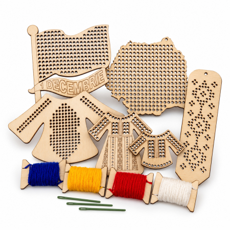 Kituri Creative - Cutia Tricolorului, kit cusut lemn tricolor cu 6 forme și ațe colorate