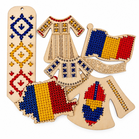 Cutia Tricolorului, kit cusut lemn tricolor cu 6 forme și ațe colorate [4]