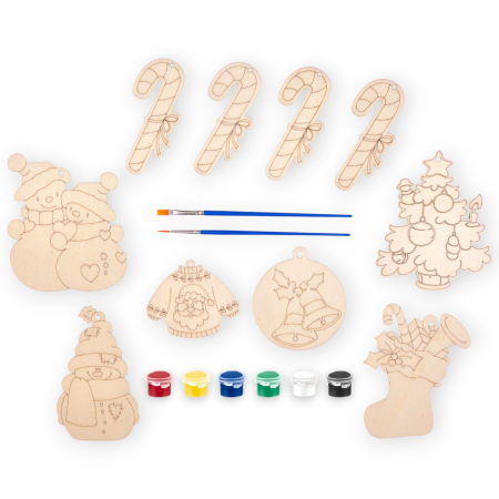 Ornamente din lemn pentru pictat cu culori acrilice si doua pensule [2]