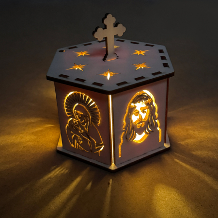 lampă religioasă din lemn, model hexagon cu cruce și stele – 14,5 cm [4]
