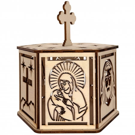 lampă religioasă din lemn, model hexagon cu cruce și stele – 18 cm [1]