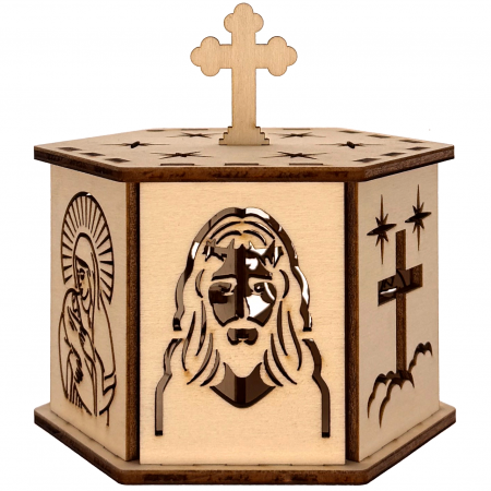 Articole Religioase - lampă religioasă din lemn, model hexagon cu cruce și stele – 14,5 cm