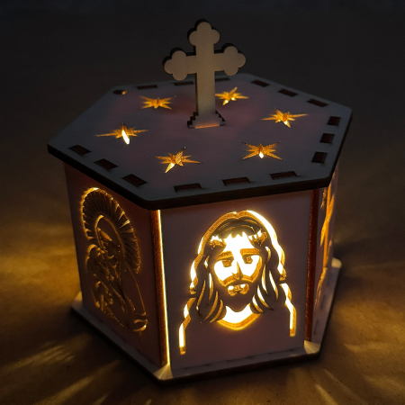 lampă religioasă din lemn, model hexagon cu cruce și stele – 14,5 cm [3]