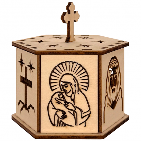 lampă religioasă din lemn, model hexagon cu cruce și stele – 14,5 cm [1]