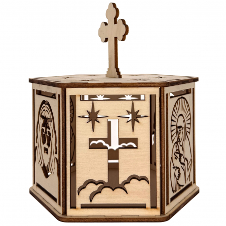 lampă religioasă din lemn, model hexagon cu cruce și stele – 18 cm [2]