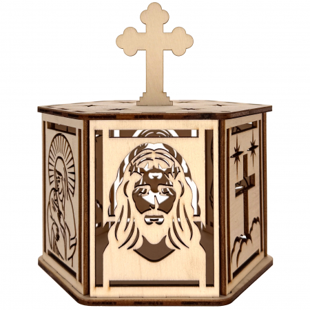 Articole Religioase - lampă religioasă din lemn, model hexagon cu cruce și stele – 18 cm