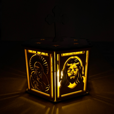 lampă religioasă din lemn, model hexagon cu cruce și stele – 18 cm [3]