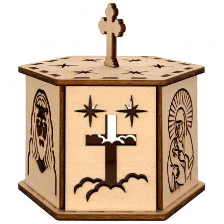 lampă religioasă din lemn, model hexagon cu cruce și stele – 14,5 cm [2]