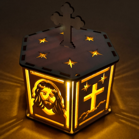 lampă religioasă din lemn, model hexagon cu cruce și stele – 18 cm [4]