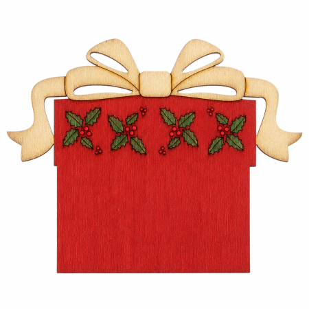 Ornament cadou din lemn cu fundă și motive de ilex gravate [1]