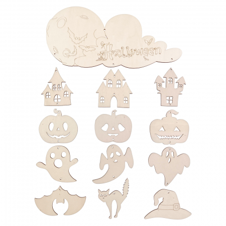 Halloween - Set DIY elemente de agățat Halloween din lemn pentru pictat
