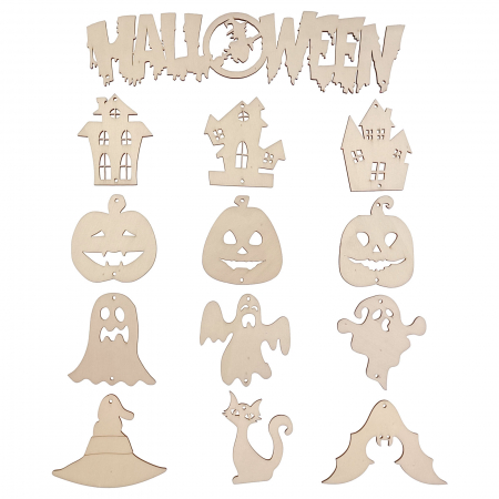 Halloween - Set DIY decorațiuni de agățat Halloween din lemn pentru pictat