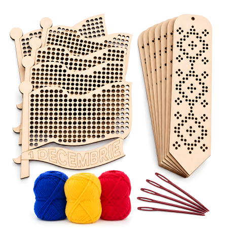 Forme pentru cusut - Set de cusut din lemn cu steag, semne de carte, fire și ace
