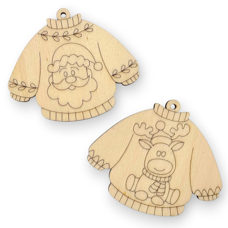 Forme pentru pictat - Set 2 forme lemn, model pulover gravat, 8 cm x 7 cm, decoratiuni craciun