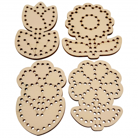 Forme pentru cusut - Set de 4 flori din lemn pentru broderie - Activități creative pentru copii