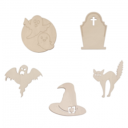 Halloween - Set DIY 5 figurine Halloween din lemn pentru pictat