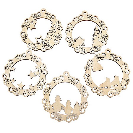 Craciun - Set 5 globuri dn lemn, decupate cu modele, 10 cm