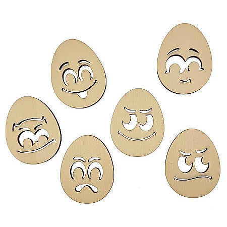 Forme pentru pictat - Set 6 oua paste, model emoticons, din lemn, 6 cm