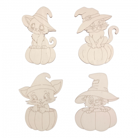 Halloween - Set DIY pisici în dovleci Halloween din lemn pentru pictat