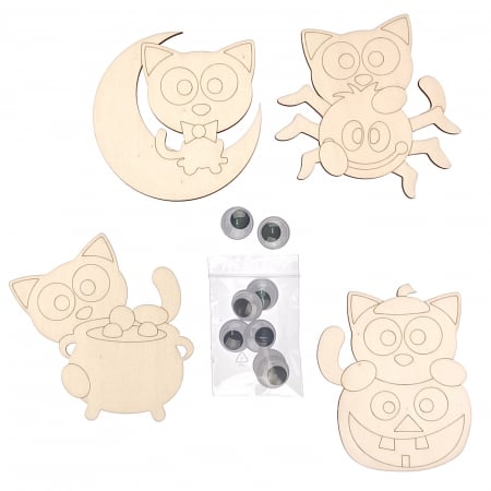 Halloween - Set DIY pisici Halloween din lemn pentru pictat