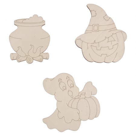 Halloween - Set DIY dovleac, fantomă și ceaun Halloween din lemn pentru pictat