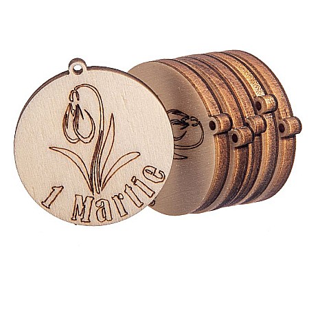 Martisor din lemn - Gravura "1 Martie" cu ghiocel, 3.5x3.7 cm, seturi disponibile. [3]