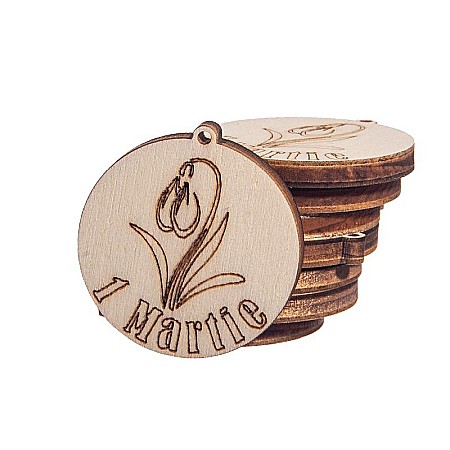 Martisor din lemn - Gravura "1 Martie" cu ghiocel, 3.5x3.7 cm, seturi disponibile. [2]