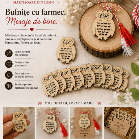 Set mărțișoare din lemn cu bufniță gravată pentru 1 Martie [1]