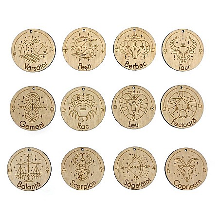 Martisor - Set martisoare din lemn - Semne zodiacale, 4.5x4.5 cm, seturi disponibile.