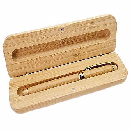 Articole Conexe - Stilou cu penita, placat cu bambus, 14.5 cm lungime, cu toc din lemn de bambus