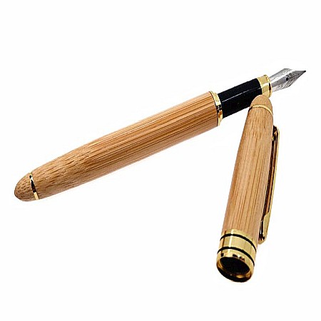 Stilou cu penita, placat cu bambus, 14.5 cm lungime, cu toc din lemn de bambus [3]