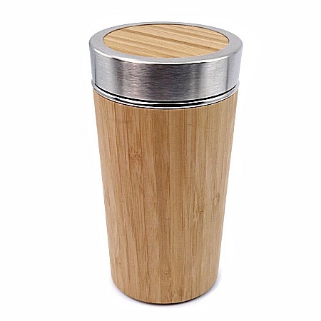 Din lemn masiv - Termos din Inox, placat cu lemn de bambus, sita inclusa, 6.8 cm diametru, 20 cm inaltime, capacitate 450 ML